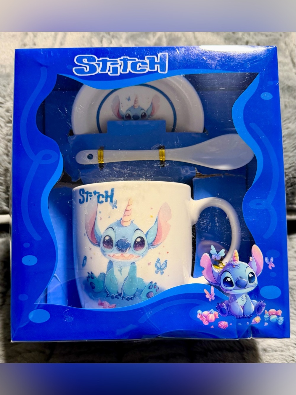 NIB Disney Stitch Unicorn Ceramic Mug, Saucer & Spoon 3-Piece Gift Set
